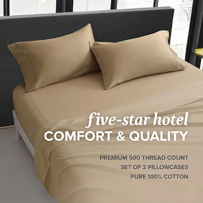 Beckham Hotel Collection 100% Cotton Pillow Cases Standard/Queen Size Set of 2, 500TC, Luxury Sateen Pillowcases, Open End, Breathable, Moisture-Wicking, Sand