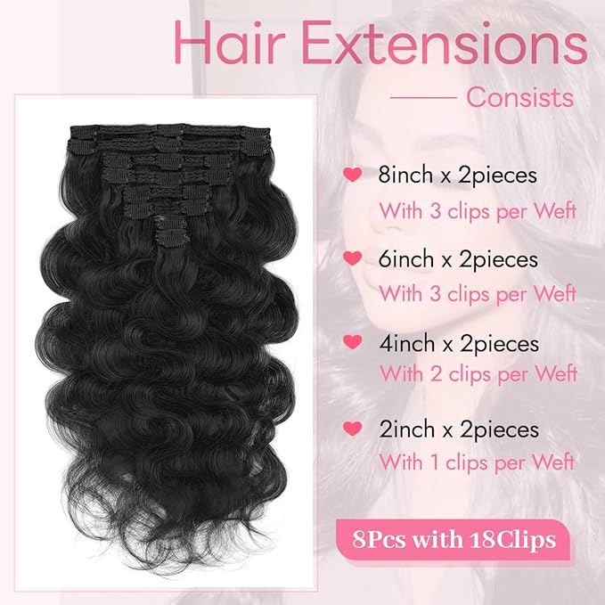 Clip in Hair Extensions Real Human Hair Body Wave 1B Natural Black Clip in 100% Brazilian Remy Human Hair Extensions 8pcs Per Set with 18 Clips Double Weft 22 Inch 110g/3.6oz