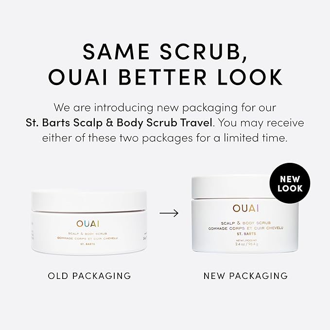 OUAI Scalp & Body Scrub, St. Barts Travel Size - Exfoliating Body Scrub with Sugar & Coconut Oil Blend for Smooth, Moisturized Skin - Gentle Scalp Exfoliator for Removing Product Build Up (3.4 oz)