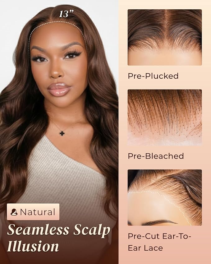 Arabella 13x6 Chocolate Brown Lace Front Wig Human Hair 4# Body Wave Wigs Human Hair Pre Plucked Glueless Brown Frontal Wig Human Hair 30 Inch