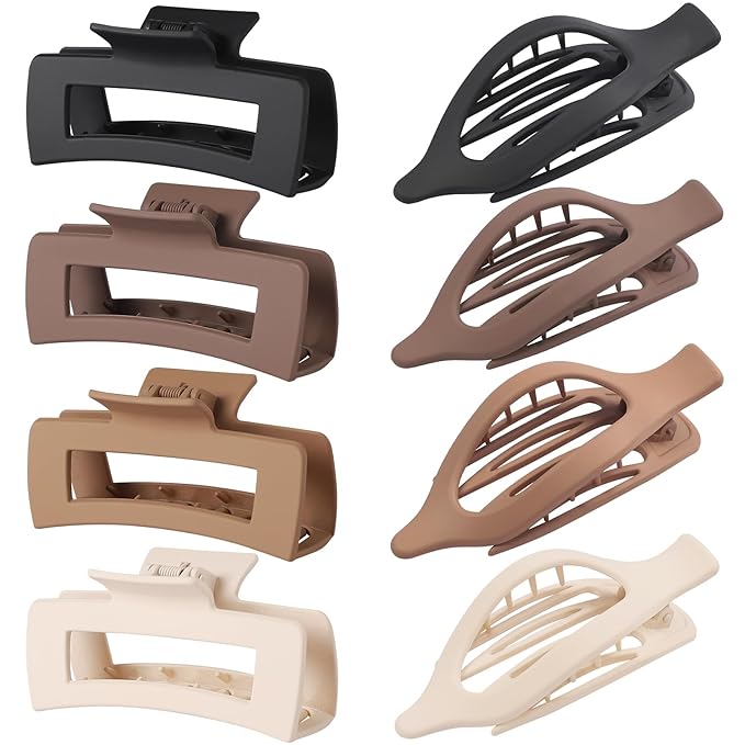 Hair Clips for Women 4.3 Inch Large Hair Claw Clips 8 pcs Square Claw Clips & Flat Hair Clips for Thick or Thin Hair French Concord Hair Barrettes Alligator Hair Accessories for Women (Brown)
