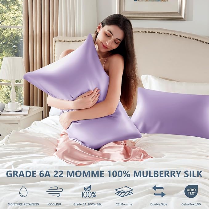 Silk Pillow Cases 2 Pack Standard Size Mulberry Silk Pillowcase Set of 2 for Hair & Skin 26 x 20 Inches 22 Momme Both Sided Grade 6A Silk Soft Breathable Cooling with Hidden Zipper, Lavender