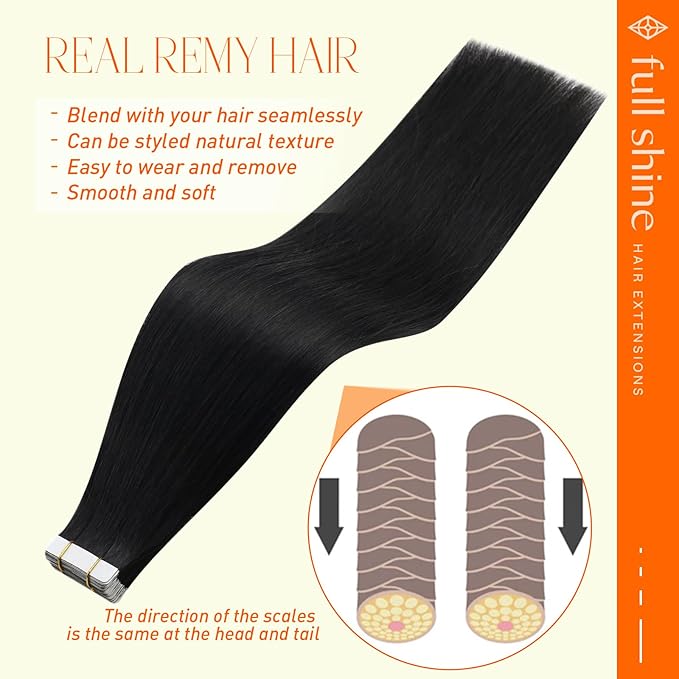 Full Shine Black Tape in Extensions Real Human Hair 18Inch Invisible Tape in Hair Extensions Color 1 Jet Black Real Remy Soft Human Hair 100G Seamless Skin Weft Hair Extensions 40Pcs Add Volume