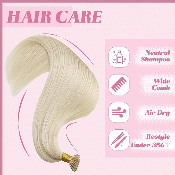 YoungSee Itip Hair Extensions Real Human Hair Blonde I Tip Extensions Platinum Blonde 18 Inch 50g Hair Extension I-Tip for Women 60s Cold Fusion Hair Extension