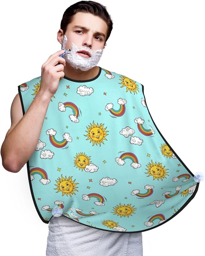 Adjustable Beard Catcher Apron, Boho Style Clouds Hippie Sun Rainbow Shave Bib, Non-Stick Waterproof Grooming Bib, Shaving Essential for Men Dad Christmas