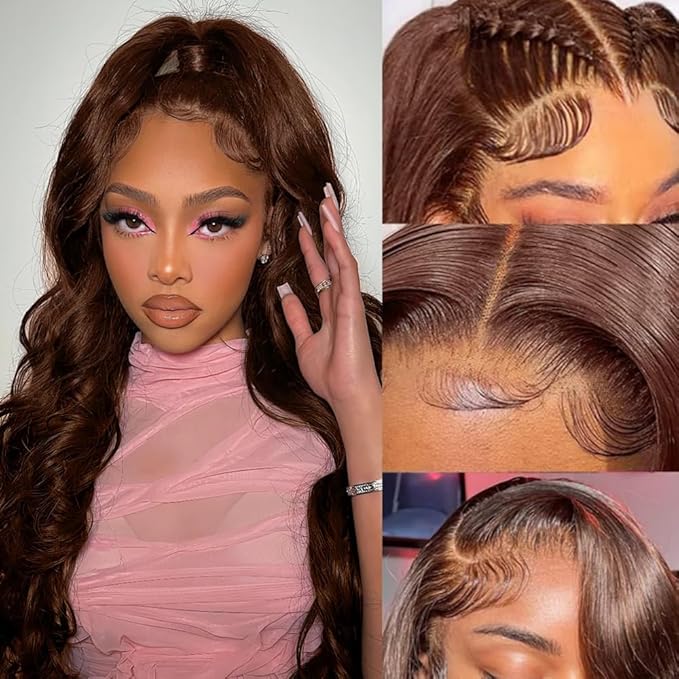 abbildung 28inch Chocolate Brown Lace Front Wig Human Hair 13x6 HD Transparent Body Wave Lace Front Wigs Human Hair Pre Plucked Glueless Frontal Brown Wig Human Hair 180% Density #4