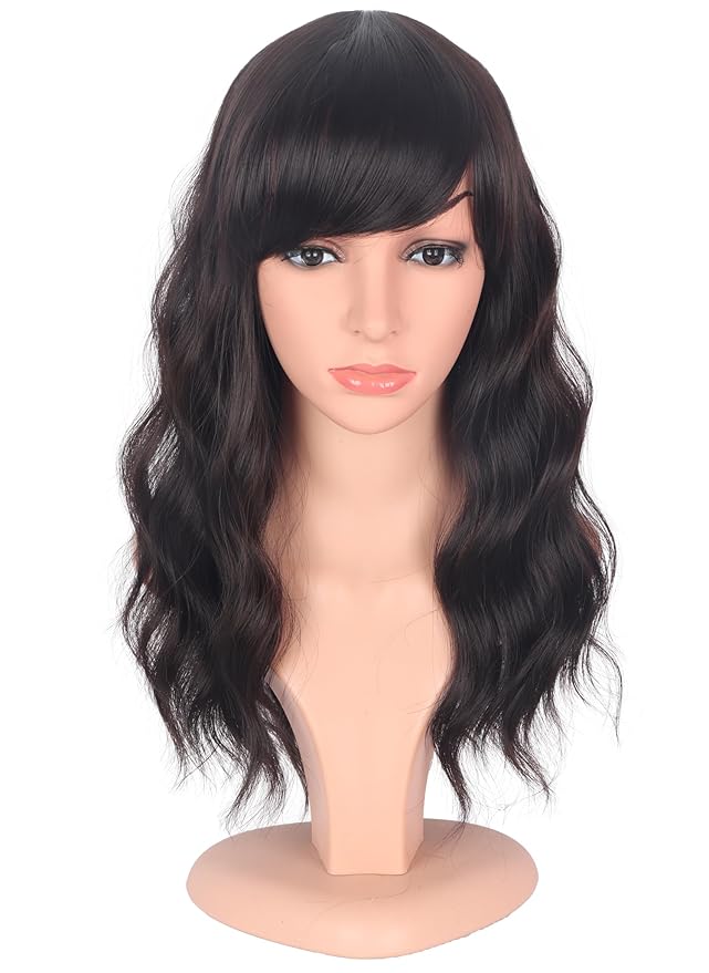 Medium Length Dark Brown Wavy Wigs With Bangs For Women - Heat Resistant Synthetic Brown Wigs For Daily Use (DARK BROWN(2#))