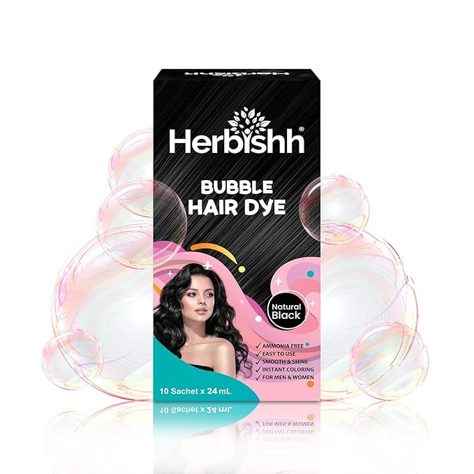 Herbishh Bubble Foam Hair Dye Shampoo, 3 in 1 Dye for 100% Grey Coverage, Permanent & Instant Hair Coloring for Men & Women, Long-lasting & Travel-friendly, Ammonia-free, 10 Sachet x 24 ml (Black)