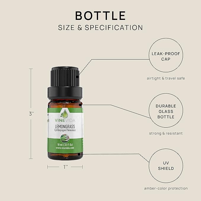 VINEVIDA Lemongrass Essential Oil - Undiluted Lemongrass Oil - DIY Candle Scents - 10 mL for Soap Making & Skin Safe