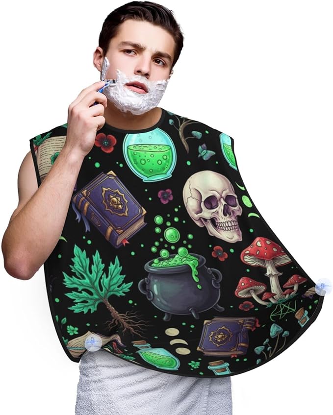 Beard Bib Apron for Men Shaving, Waterproof Non-Stick Hair Catcher with Suction Cups, Grooming Essential for Dad Husband, Witch Witchy Mushroom Skull Goth Gothic Black Shave Bib