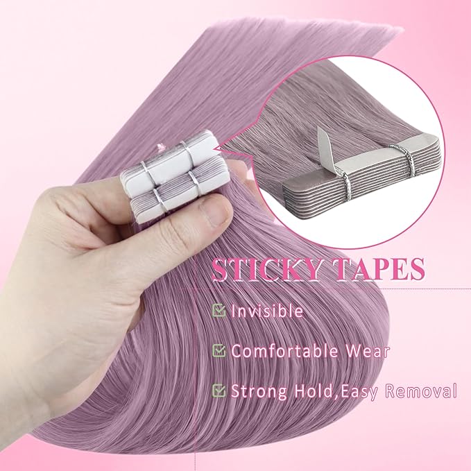 YoungSee Tape Hair Extensions Light Purple Long Hair Extensions Tape in 22 Inch Invisible Tape in Hair Extensions Human Hair Purple for Experimenting colors