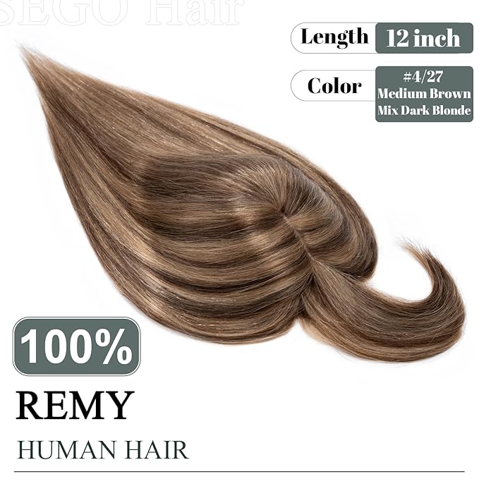 SEGO Hair Toppers for Women Real Human Hair with Thinning Hair, Toppers Hair Pieces Clip in Toppers Straight Hair Pieces with Front Bangs -12 Inch #4/27 Medium Brown Mix Dark Blonde