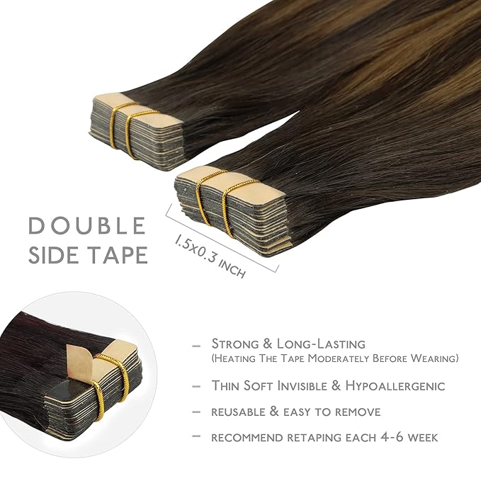 WENNALIFE Tape in Hair Extensions Human Hair, 20pcs 50g 20 inch Balayage Dark Brown Mixed Chestnut Brown Remy Hair Extensions Straight Human Hair Tape in Extensions Skin Weft Extensions