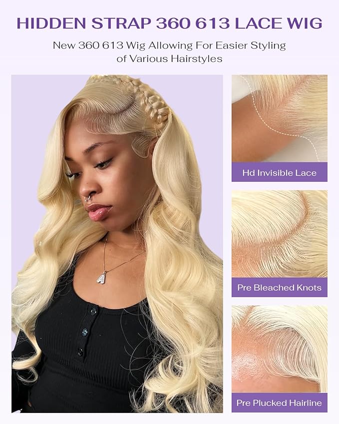 Hidden Strap Body Wave 360 613 Lace Front Wig Human Hair Glueless Wigs Human hair Pre Plucked Pre Bleached 180% Density Blonde Wig With Drawstring HD Full Lace Human Hair Wigs 30Inch