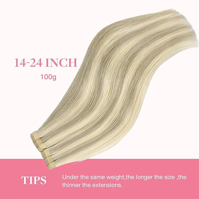 GOO GOO Tape in Hair Extensions Human Hair, 17A/60A Ash Blonde Highlighted Platinum Blonde, 12inch 80g 40pcs, Skin Weft Seamless Invisible, Silky Straight with Thick Ends, Remy Human Hair