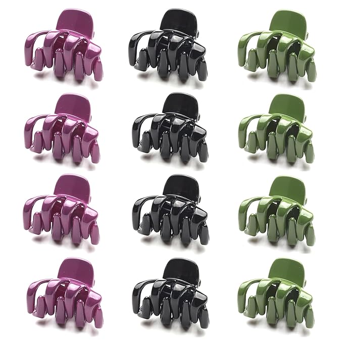 Cobahom 12 Pack Small Hair Claw Clips 1.2 Inch Plastic Hair Clips for Thin Hair No-Slip Mini Hair Clips Hair Styling Accessories for Women and Girls, Purple, Black and Green