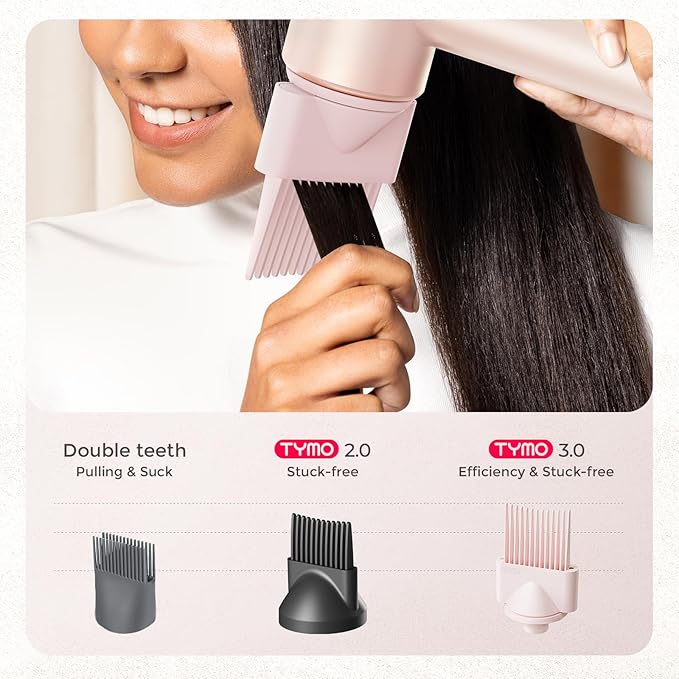 Blow Dryer with Comb, TYMO AIRHYPE Compact 200 Million lonic Hair Dryer with Diffuser, Fast Dry Pink Blow Dryer for Women 110,000RPM Portable Hairdryer for Curly Hair, 4 Temps & 2 Speeds