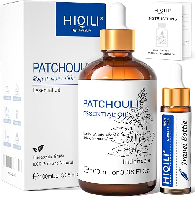 HIQILI Patchouli Essential Oil,100% Pure & Natural for Homemade Perfume, Sooth Skin, Nourish Hair at Home with Diffuser, Gift for Hippie Friend -100ML