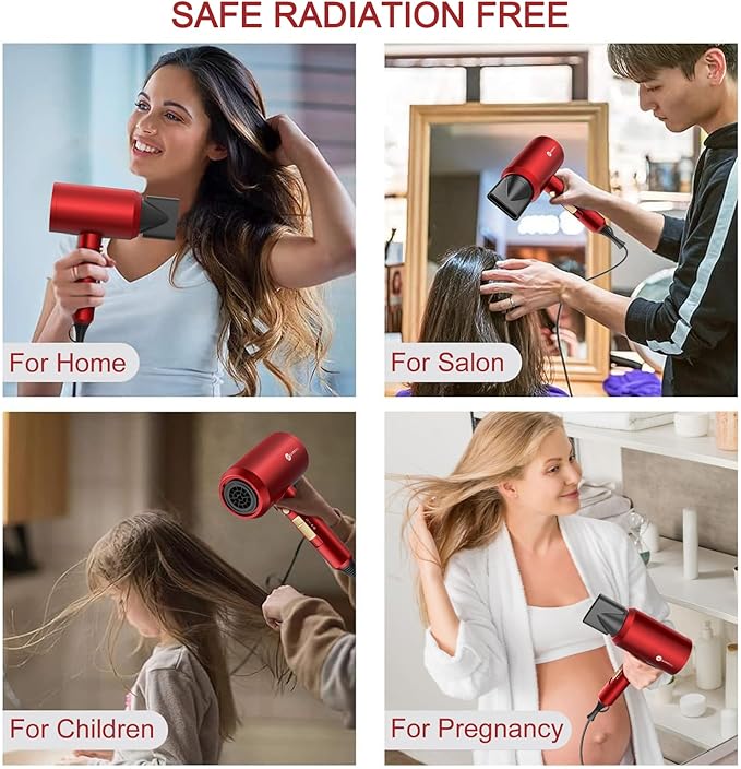 Slopehill Professional Ionic Hair Dryer, Powerful 1800W Fast Drying Low Noise Blow Dryer with 2 Concentrator Nozzle 1 Diffuser Attachments for Home Salon Travel (Agate Red)