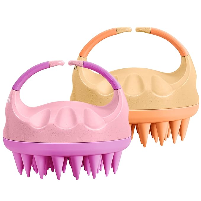 HEETA Scalp Massager with Soft Silicone Bristles for Hair Growth, Dandruff Removal, and Relaxation - Shampoo Brush for Wet or Dry Hair (Coral Pink & Orange)