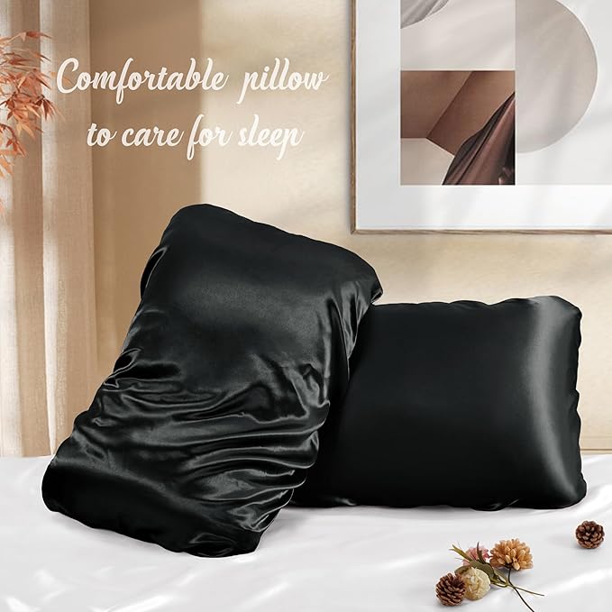 Manyshofu Satin Pillowcases for Hair Protection - 2Pcs Black Pillow Cases, Elastic Band Standard & Queen Satin Pillowcases Luxury Silky Pillow Cases Travel Pillow Covers
