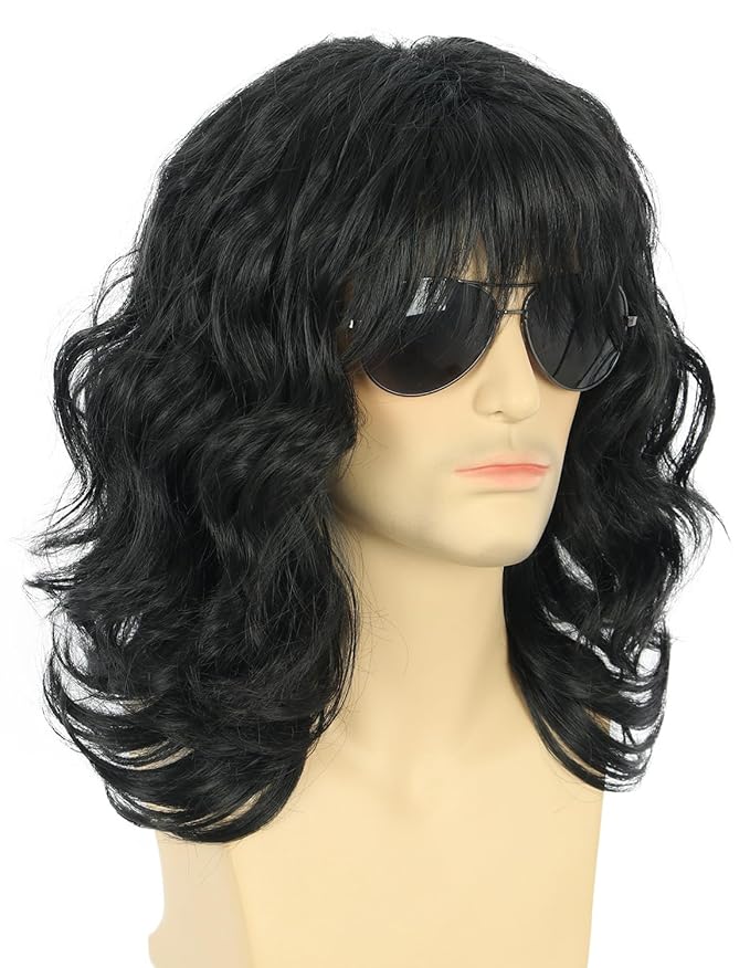 karlery California 70s 80s Rocker Wig Men Women Long Curly Black Halloween Costume Wig