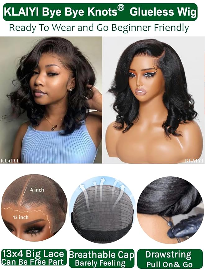 KLAIYI Light Yaki Straight Bob Loose Wave Pre Everything 13x4 Lace Front Wigs Human Hair Precut Lace Pre Plucked Bleached Glueless Wear and Go Wigs for Women Bye Bye Knots Wig Beginner Friendly 14Inch