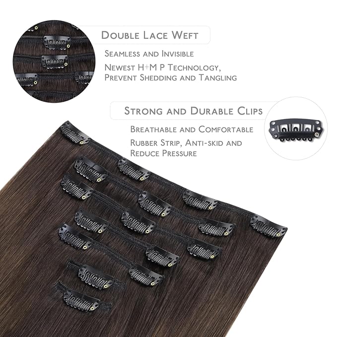 WENNALIFE Clip in Hair Extensions Real Human Hair, 20 Inch 120g 7pcs Human Hair Extensions Clip In Human Hair, Ombre Dark Brown to Light Chestnut Brown Clip In Real Hair Coloured Remy