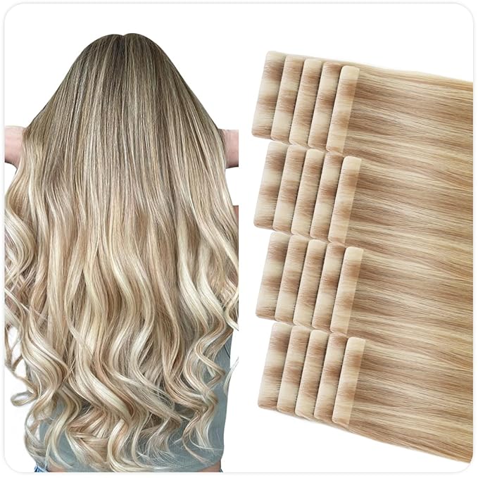 SUYYA Invisible Tape in Hair Extensions Human Hair Seamless Injected Hand-Tied Pro Quality Virgin Human Hair Tape Ins Ash Blonde Highlighted Bleach Blonde 20PCS 40G/Pack Straight(14 inch #P18/613)