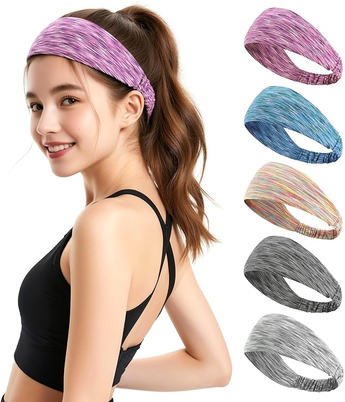 Sweat Headbands for Women - Moisture Wicking Wide Yoga Headband, Non Slip Soft Elastic Sports Headbands for Workout, Running, Gym - 5 Pack Colorful Assorted