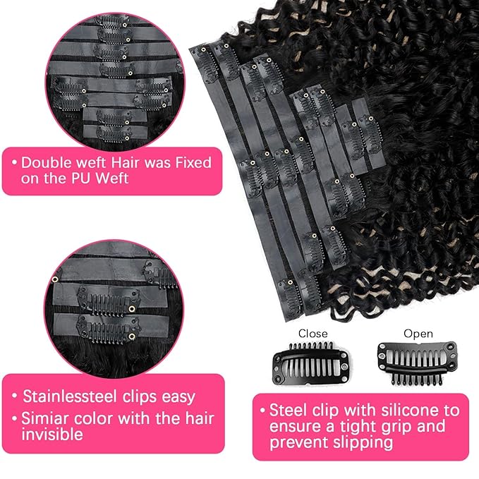Seamless Curly Clip ins Hair Extensions Real Human hair Brazilian Virgin 3c 4a Curly Clip on Human Hair Extensions (14inch,#1B)