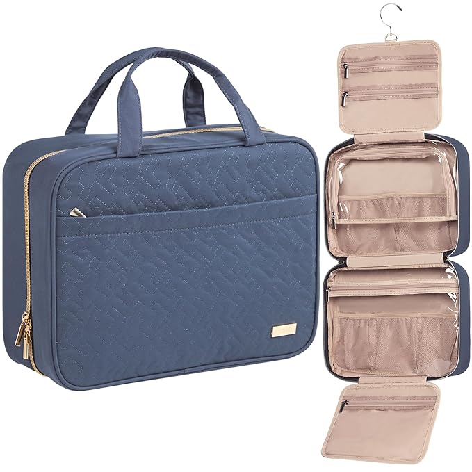 NISHEL Travel Toiletry Bag for women, Portable Hanging Organizer for Family-Sized Shampoo, Conditioner, Brushes Set, Makeup Accessories, Extra Large Size, Aegean-Blue
