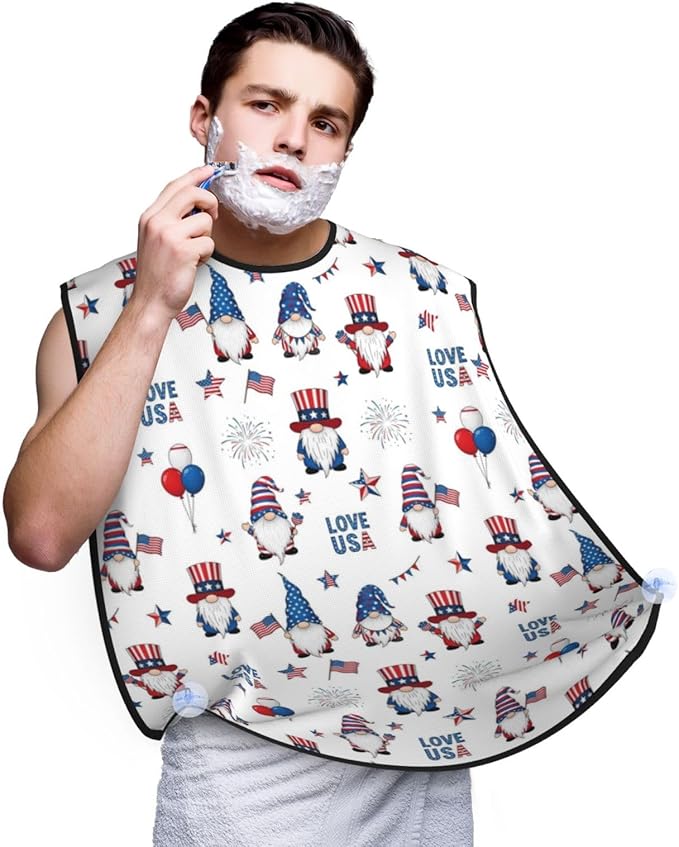 Strong Suction Cup Beard Grooming Bib, Non-Stick Hair Catcher, Waterproof, for Shaving, 4Th of July American Flag Independence Cute Gnomes
