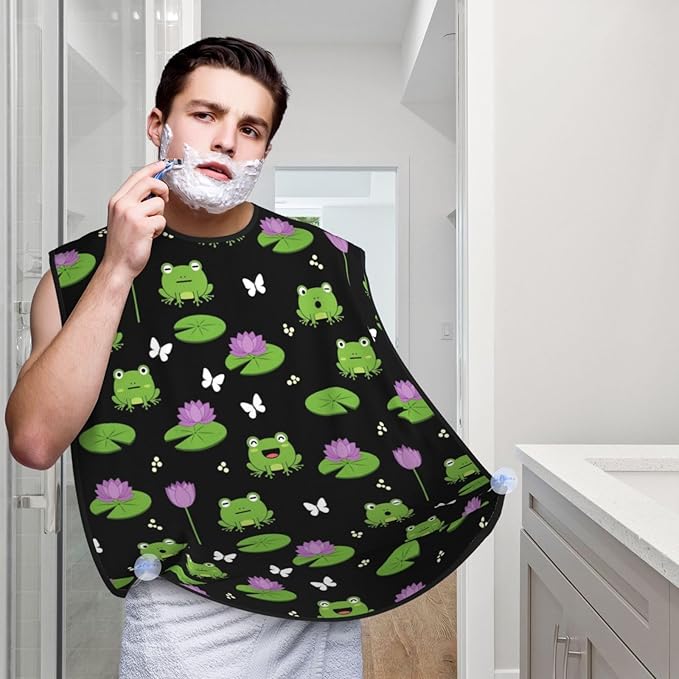 Beard Shaving Cape with Suction Cups, Cute Green Frogs Black Shave Bib, Non-Stick Waterproof Hair Catcher, Grooming Bib for Men Husband