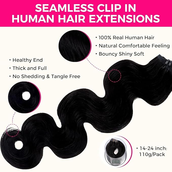 Lashey Seamless Clip in Hair Extensions Human Hair #1 Jet Black Body Wave 7pcs 110g 16 Inch Invisible PU Weft Clip in Hair Extensions for Women