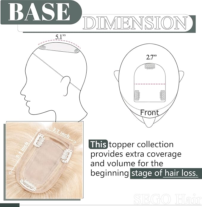 SEGO Hair Toppers for Women Real Human Hair with Thinning Hair, Toppers Hair Clip in Toppers with Front Bangs 150% Density Silk Base -14 Inch #18/613 Ash Blonde Mix Bleach Blonde