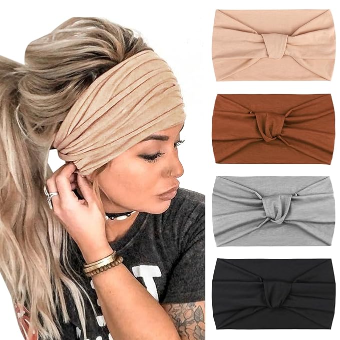 DRESHOW 4 Pack Turban Headbands for Women Wide Vintage Head Wraps Knotted Cute Hair Band Accessories