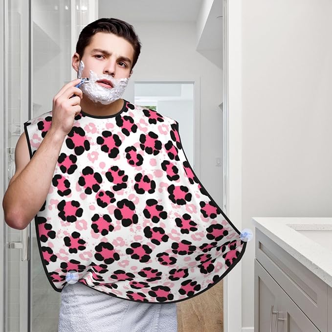 Adjustable Beard Bib, Non-Stick Hair Catcher Cape for Men's Shaving, Waterproof with 2 Suction Cups, Paint Splatter Cheetah Leopard Print Pink Shave Bib