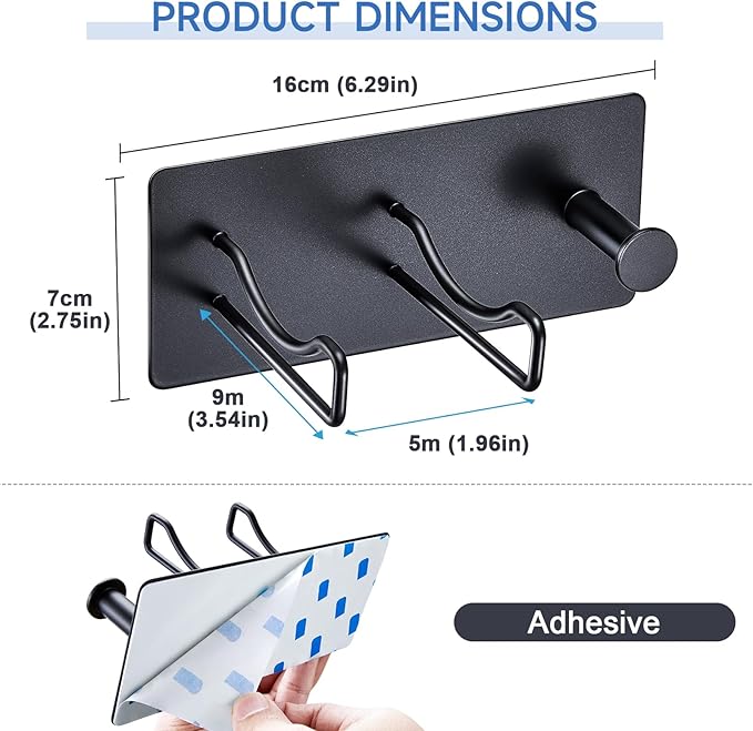 Hair Dryer Holder Wall Mounted, Universal Blow Dryer Holder, Hairdryer Storage Hanger with Plug&Cord Hook, Adhesive Hair Tool Organizer for Bathroom, Black