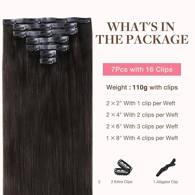 GOO GOO Clip in Hair Extensions Real Human Hair, Remy Human Hair Extensions Clip ins for Women, Natural Human Hair, 12inch 85g 7Pcs, #2 Dark Brown