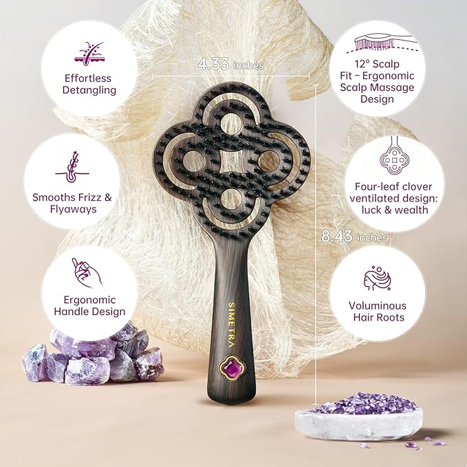 Simetra Detangler Hair Brush for Woman and Men, Holiday Present - Original Detangling Brush for Curly Hair/Wet & Dry Hair, Natural Boar Bristles Hairbrush - Natural Crystal Inlay & 14K Gold Plating