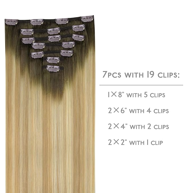 WENNALIFE Clip in Hair Extensions Real Human Hair, 16 Inch 120g 7pcs Human Hair Extensions Clip In Human Hair, Balayage Light Ash Brown to Light White Blonde Hair Extensions Clip In Real Hair Coloured