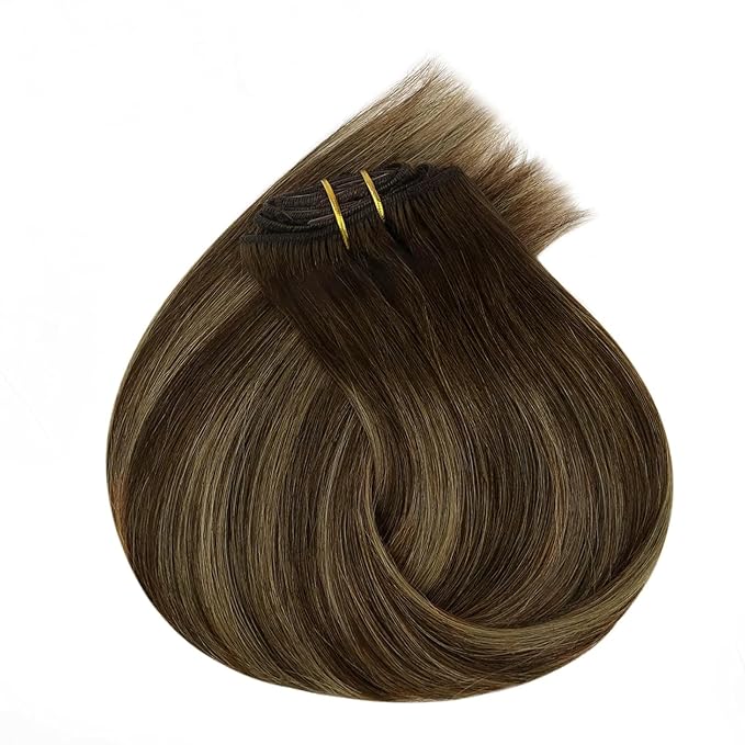 Ve Sunny Balayage Clip in Hair Extensions Human Hair Extensions Clip ins Dark Brown Ombre Caramel Blonde Clip in Extensions Real Human Hair for Long Straight Hair 22inch 120g 7pcs