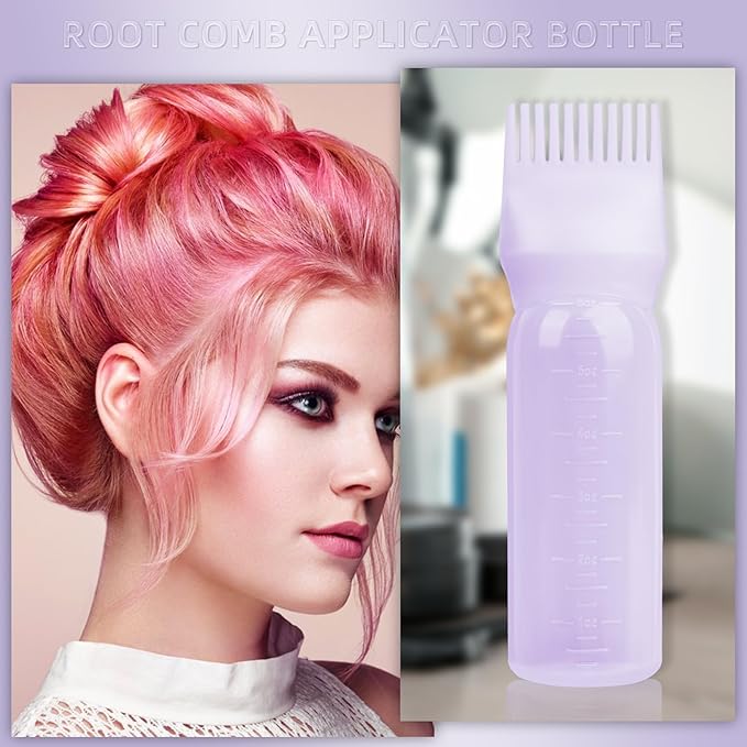 BLAAROOM Root Comb Applicator Bottle 6 Ounce, 4 Pack - Hair Oil Applicator with Root Comb Brush for Scalp Hair Oiling - Purple