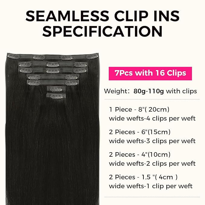 Lashey Seamless Clip in Hair Extensions Real Human Hair Extensions, #1B Natural Black Straight 20 Inch 110g 7pcs for Black Women Soft Silky PU Clip in Remy Human Hair Extensions with Invisi Edge