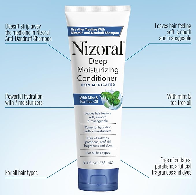 Nizoral Deep Moisturizing Conditioner with Mint & Tea Tree Oil for All Hair Types - Free of Sulfates, Parabens, Artificial Fragrances and Dyes, 9.4 oz