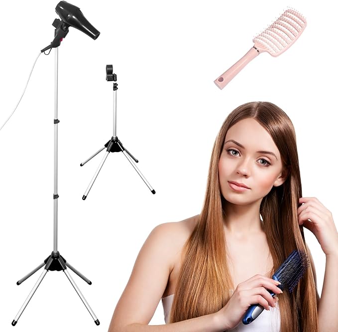 Adjustable Hands-Free Hair Dryer Stand Holder 360 Degree Rotation,Blow Dryer Holder Countertop With Non-Slip Tripod and Universal Clip