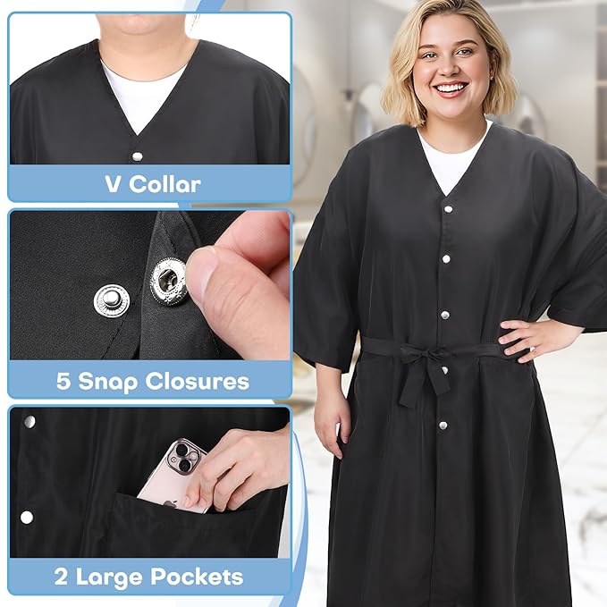 Noverlife Hair Salon Smocks Cape for Clients, Plus Size Salon Client Gown Robes Cape with 2 Pockets & Adjustable Tie, Waterproof Salons Robes Smock, Hair Stylist Dog Grooming Smock (43'' Long, Black)