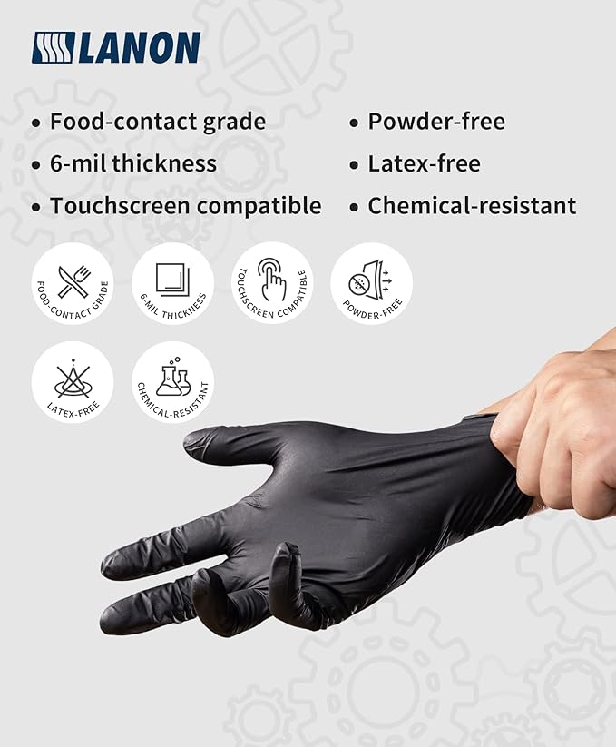 LANON 6-mil Black Nitrile Disposable Gloves, Food-Safe, Powder-Free, Heavy-Duty, Textured Fingertips, Latex-Free, Medium
