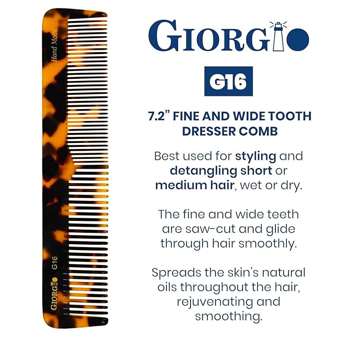 Giorgio G16 Fine Tooth and Wide Tooth Detangler Comb - Hair Comb for Men and for Women - Ideal as a Hair Styling Barber Comb and Detangler - Saw Cut and Handmade (Yellow Tokyo)